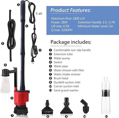 Aquarium Gravel Cleaner Siphon Kit, 6 in 1 Automatic Fish Tank Cleaning Tools Electric Removable Vacuum Water Changer for Changing Water/Removing Detritus/Washing Sands Carzos