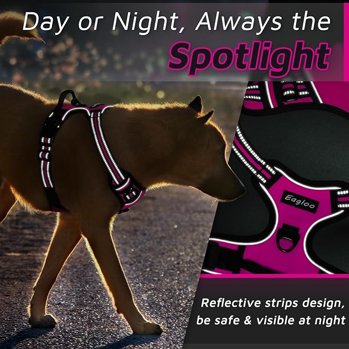 Eagloo Dog Harness Medium Sized Dog, No Pull Service Vest with Reflective Strips and Control Handle, Adjustable and Comfortable for Easy Walking, No Choke Pet Harness with 2 Metal Rings, Rose Red, M GoExplorewithEagloo
