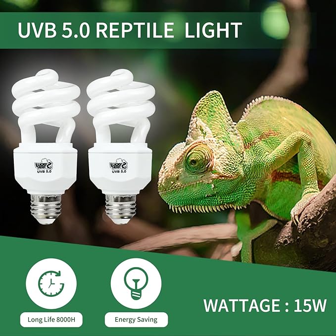 LUCKY HERP 2 Pack UVA UVB Reptile Light, 15W 5.0 UVB Bulb for Tropical and Sub Tropical Reptiles, Compact Fluorescent Terrarium Lamp, Reptile UVB Bulb for Chameleons, Lizard, Turtle LUCKYHERP