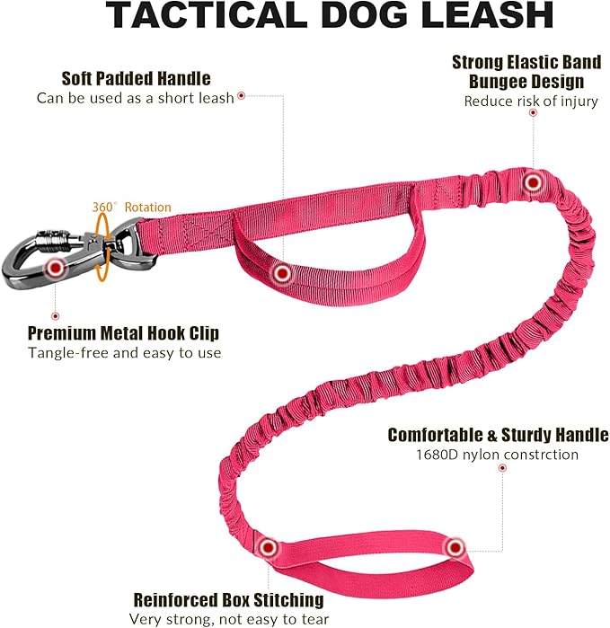Tactical Dog Collar and Bungee Leash,Military Dog Collar & Leash Set with USA American Flag Adjustable K9 Collar with Heavy Duty Metal Buckle & Handle,with Patches and Airtags Case (Pink, L) Celifelight