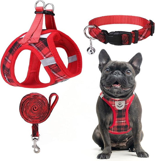 EXPAWLORER Classic Plaid Dog Vest Harness - Step in Dog Harness No Pull with Adjustable Dog Collar, Soft Harness and Leash Set, Reflective Escape Proof for Training Outdoor Activities, Red Medium EXPAWLORER
