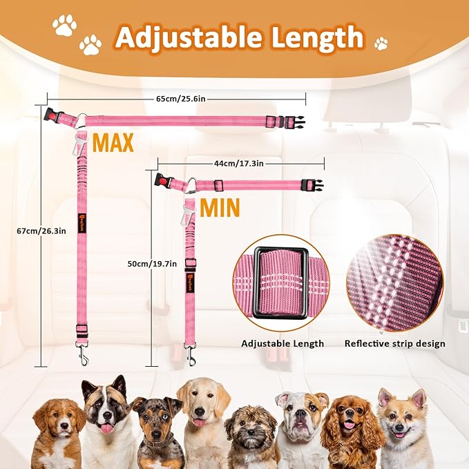 Removable Dog Seat Belt Harness for Car, 3 in 1 Pet Dog Car Seatbelt Leash, Retractable Restraint Secures to Vehicle Headrest & Adjustable Reflective Bungee Dog Seatbelt Tether, Pink - PAWPICO