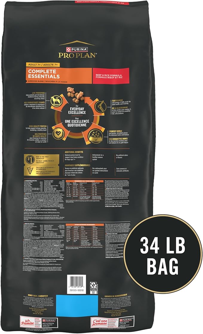 Purina Pro Plan Adult 7 Plus Complete Essentials Shredded Blend Beef and Rice Formula High Protein Dog Food for Senior Dogs - 34 lb. Bag - PAWPICO