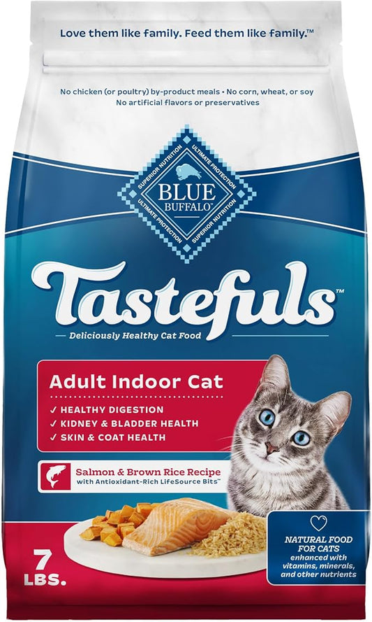Blue Buffalo Tastefuls Adult Dry Cat Food Indoor Cat Formula, Made in the USA with Natural Ingredients, Salmon Recipe, 7-lb. Bag - PAWPICO