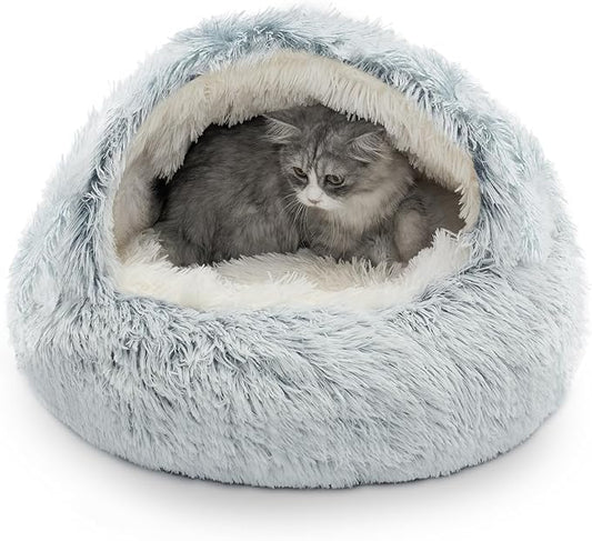 CATISM Cat Bed, Plush Hooded Cat Beds for Indoor Cats, Calming Cat Nest, Self Warming Cat Bed Cave, Cozy Cat Pod for Indoor Cat or Small Dog, Removable Washable Cat Cove with Non-Slip Bottom - PAWPICO