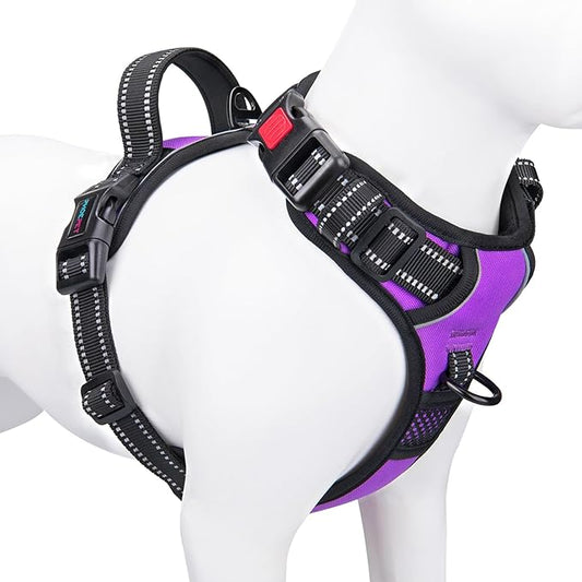 PHOEPET Reflective Dog Harness Large Breed Adjustable No Pull Vest with Handle 2 Metal Rings 3 Buckles [Easy to Put on & Take Off](L, Purple) - PAWPICO