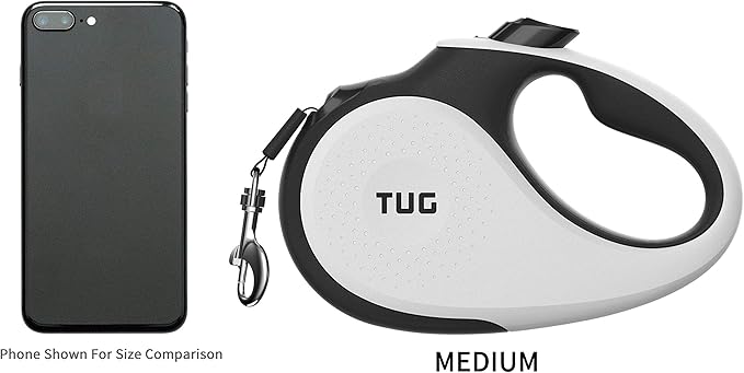 TUG 360° Tangle-Free Retractable Dog Leash | 16 ft Strong Nylon Tape | One-Handed Brake, Pause, Lock (Medium, White) TUG