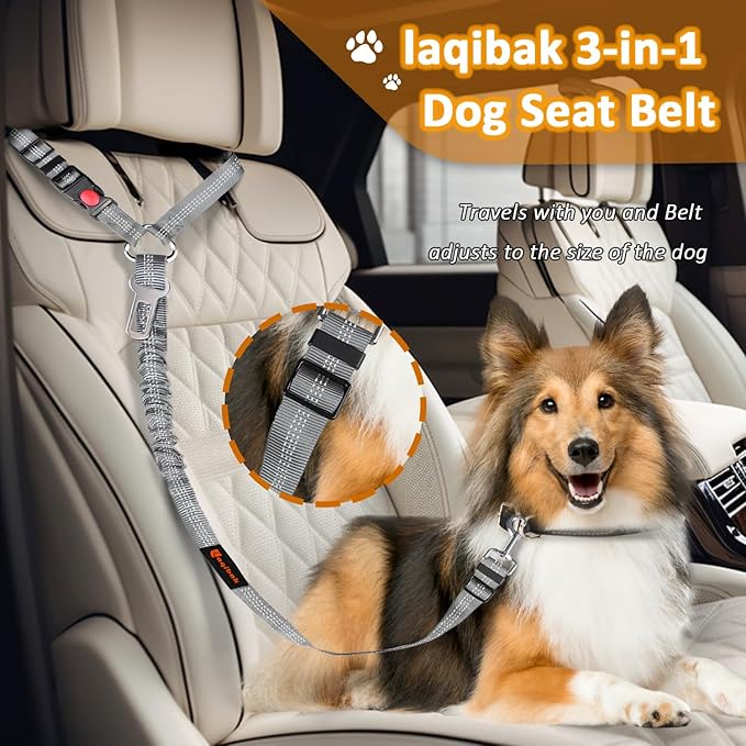 Removable Dog Seat Belt Harness for Car, 3 in 1 Pet Dog Car Seatbelt Leash, Retractable Restraint Secures to Vehicle Headrest & Adjustable Reflective Bungee Dog Seatbelt Tether, Grey laqibakProductcollection