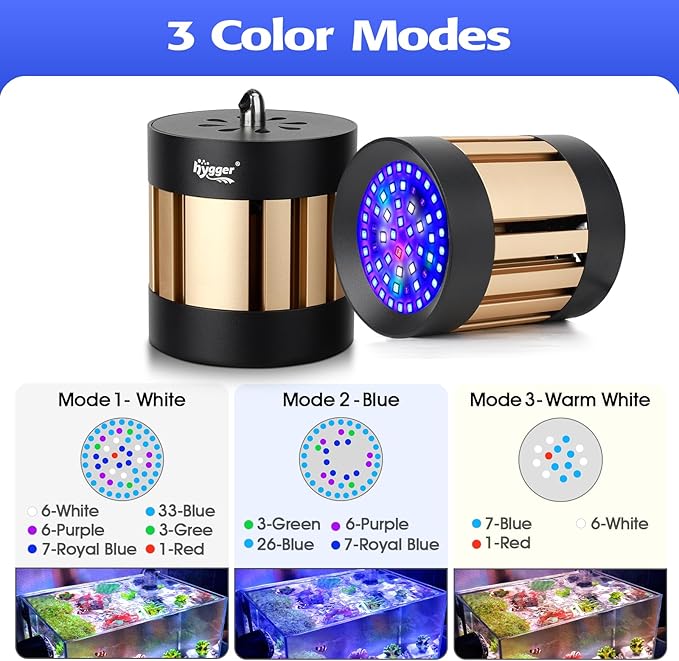hygger 50W Reef LED Aquarium Light, Marine LED Light with 3 Color Modes Adjustable Brightness and Timing Function, with External Controller, Nano Fish Tank Light for Corals SPS LPS Saltwater Tank hygger