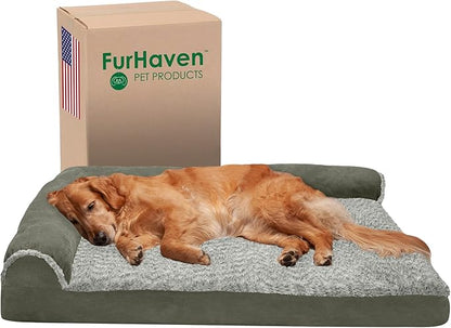 Furhaven Orthopedic Dog Bed for Large Dogs w/ Removable Bolsters & Washable Cover, For Dogs Up to 95 lbs - Two-Tone Plush Faux Fur & Suede L Shaped Chaise - Dark Sage, Jumbo/XL - PAWPICO