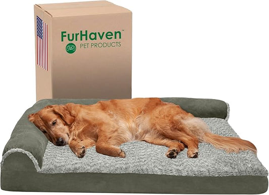 Furhaven Orthopedic Dog Bed for Large Dogs w/ Removable Bolsters & Washable Cover, For Dogs Up to 95 lbs - Two-Tone Plush Faux Fur & Suede L Shaped Chaise - Dark Sage, Jumbo/XL - PAWPICO