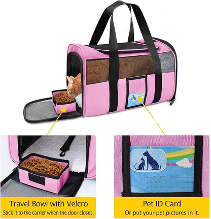 Refrze Pet Carrier Airline Approved, Cat Carriers for Medium Cats Small Cats, Soft Dog Carriers for Small Dogs Medium Dogs, TSA Approved Pet Carrier for Cats Dogs of 15 Lbs, Puppy Carrier,Pink - PAWPICO