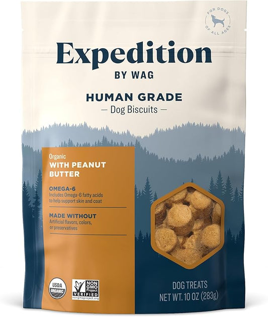 Amazon Brand - Wag Expedition Human Grade Organic Biscuits Dog Treats, Non-GMO, Peanut Butter, 10oz - PAWPICO