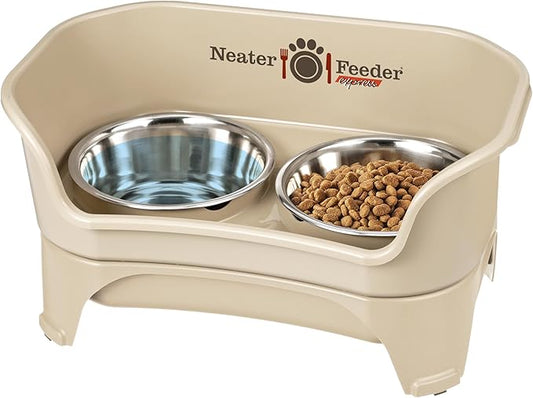 Neater Feeder - Express Model - Mess-Proof Dog Bowls (Medium/Large, Almond) – Made in USA – Elevated, No Spill, Non-Tip, Non-Slip, Raised Stainless Steel Food & Water Pet Bowls - PAWPICO