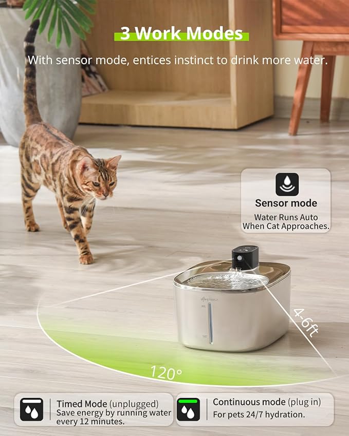 Wireless Cat Water Fountain, 135 fl oz/4L Stainless Steel Cat Fountain Battery Operated with Water Level Window, 3 Work Modes, Cordless Pet Fountain for Cats, Dogs, Pets, Inside, Black - PAWPICO