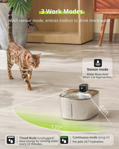 Wireless Cat Water Fountain, 135 fl oz/4L Stainless Steel Cat Fountain Battery Operated with Water Level Window, 3 Work Modes, Cordless Pet Fountain for Cats, Dogs, Pets, Inside, Black - PAWPICO