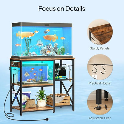 HOOBRO 20-29-37 Gallon Fish Tank Stand with Power Outlets and LED Light, Aquarium Stand with Storage Shelves, 35.4" L x 15.7" W, Reptile Tank Stand with Stable Metal Frame, Rustic Brown BF80UDFT01 HOOBRO