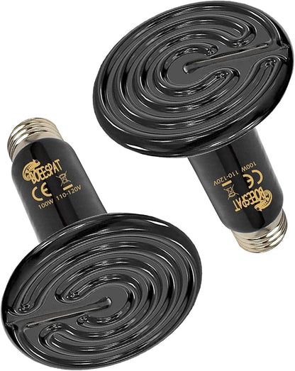 100W Ceramic Heat Emitter for Day and Night Use, Pack of 2 Reptile Basking Heat Lamp for Bearded Dragon, Lizard, Iguana & Amphibians (Black, 100 Watts) BOEESPATDirect