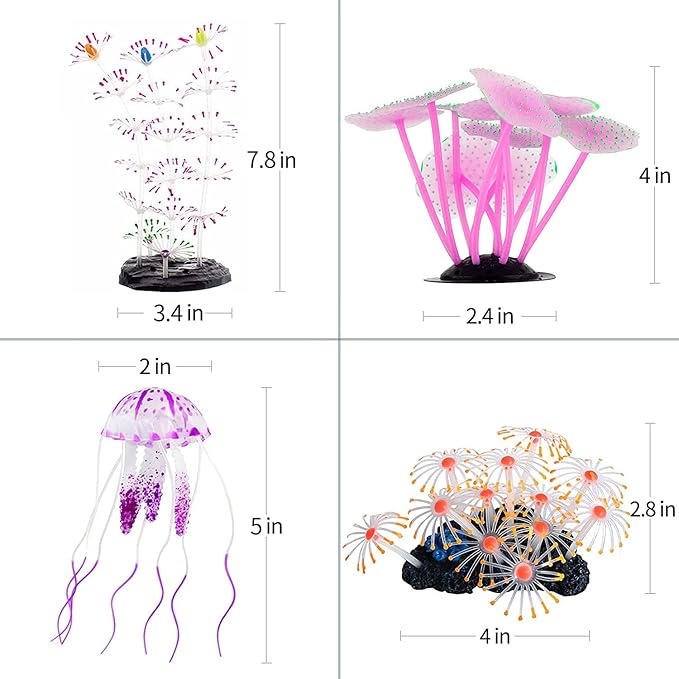 Uniclife 4 Pack Fish Tank Decorations Glowing Effect Aquarium Décor Small Silicone Artificial Jellyfish Coral Plant Ornament UnicLife