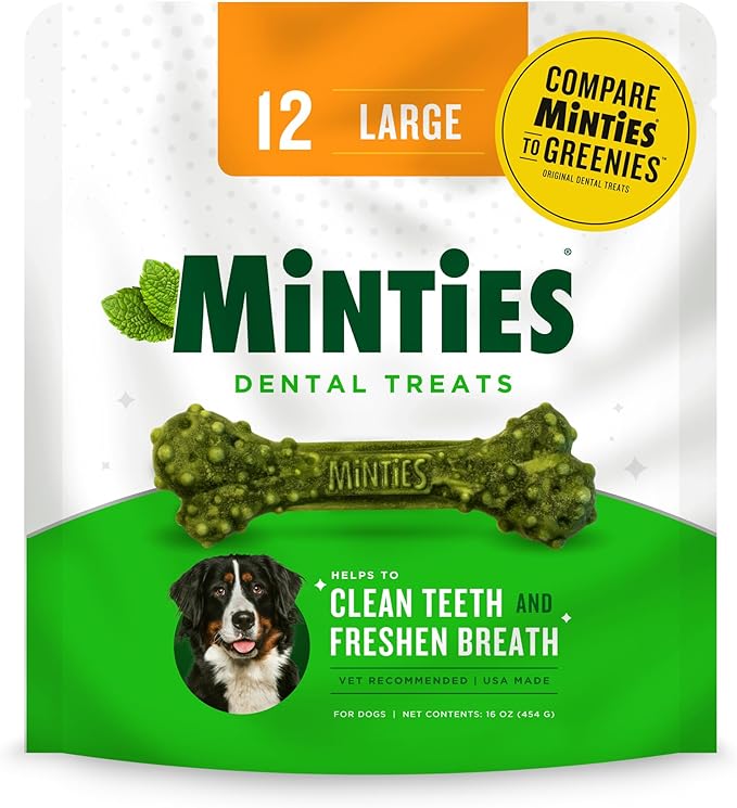 Minties Dental Chews for Dogs, 12 Count, Vet-Recommended Mint-Flavored Dental Treats for Large Dogs Over 50 lbs, Dental Bones Clean Teeth, Fight Bad Breath, and Removes Plaque and Tartar Minties