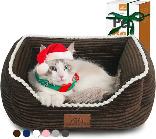 Cat Dog Bed for Pets, Rectangle Pet Bed Gift for Puppy and Kitten, Machine Washable Calming Fluffy Pet Couch Sofa for Indoor Outdoor, Portable Soft Cat Bed with Non-Slip Bottom (Small, Brown) - PAWPICO