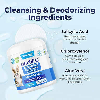 VETNIQUE Oticbliss Advanced Cleaning Ear Wipes for Dogs & Cats for Odor Control, Dirt and Wax Removal with Soothing Aloe Vera, Drying Agent and Vitamin E, Clear the Ear 100ct Wipes VetniqueLabs