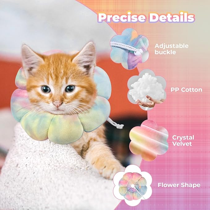 Flower Cat Cone, Uadonile Adjustable Cat Cone Collar, Soft Dog Elizabethan Collar Recovery E Collar After Surgery, Recovery E-Collar for Kittens/Puppies and Cats Recovery(Tie-dye Pink Blue, S) Uadonile