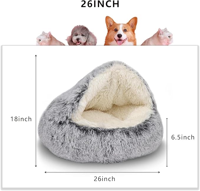 ShinHye Cat Bed Round Plush Fluffy Hooded Cat Bed Cave, Cozy for Indoor Cats or Small Dog beds, Soothing Pet Beds Dog Cave Bed - Waterproof Bottom Washable, (26×26inch, Grey) - PAWPICO