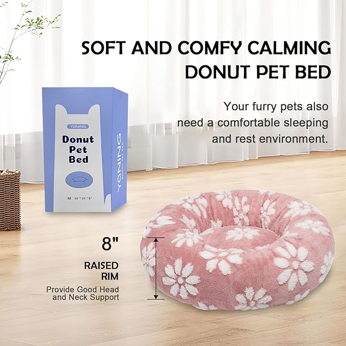 Donut Dog Beds for Medium Dogs, Calming Round Cat Beds for Indoor Cats, Cute 3D Textured Flower Pet Bed with Removable Washable Cover and Anti-Slip Bottom（Pink，30"） - PAWPICO