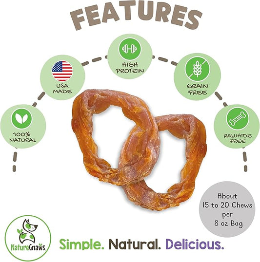 Nature Gnaws USA Turkey Tendon Rings for Dogs (8oz) - Delicious Grain Free Reward Snack for Small, Medium & Large Breeds - Premium Natural Dog Chew Treats - PAWPICO