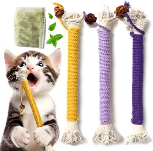 Cat Toys for Indoor Cats, Kitten Toys for Indoor Kittens, Catnip Rope Chew Toys for Teeth Cleaning, Interactive Cat Teething Toy, Kitty Kicker Toy, 3 Pack (Plus 1 Pouch of Catnip) - PAWPICO