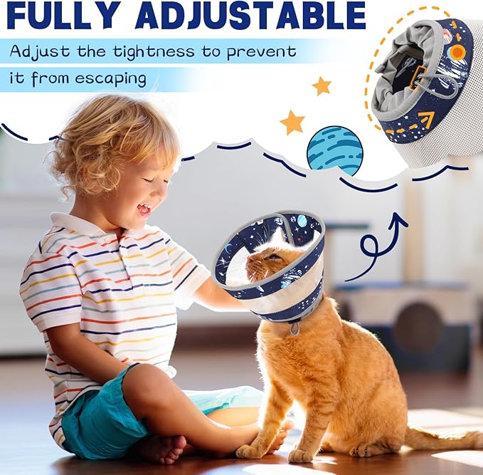 Cat Cone, Breathable Cat Cone Collar Soft, Adjustable Cat Cone to Stop Licking, Water Resistant Neck Cone for Cats with Air Mesh, Protective Cat Recovery E Collar for Cat Kitten（Star,L GoGoPaw