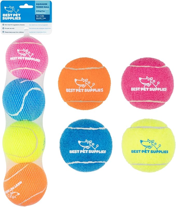 Best Pet Supplies Squeaky Tennis Toys for Dogs, 4-Pack, Heavy-Duty Interactive Pet Toys for Throwing and Fetching, Supports Exercise and Natural Behavior Training, Durable - Large - PAWPICO