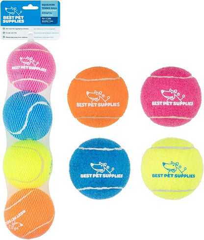 Best Pet Supplies Squeaky Tennis Toys for Dogs, 4-Pack, Heavy-Duty Interactive Pet Toys for Throwing and Fetching, Supports Exercise and Natural Behavior Training, Durable - Large - PAWPICO
