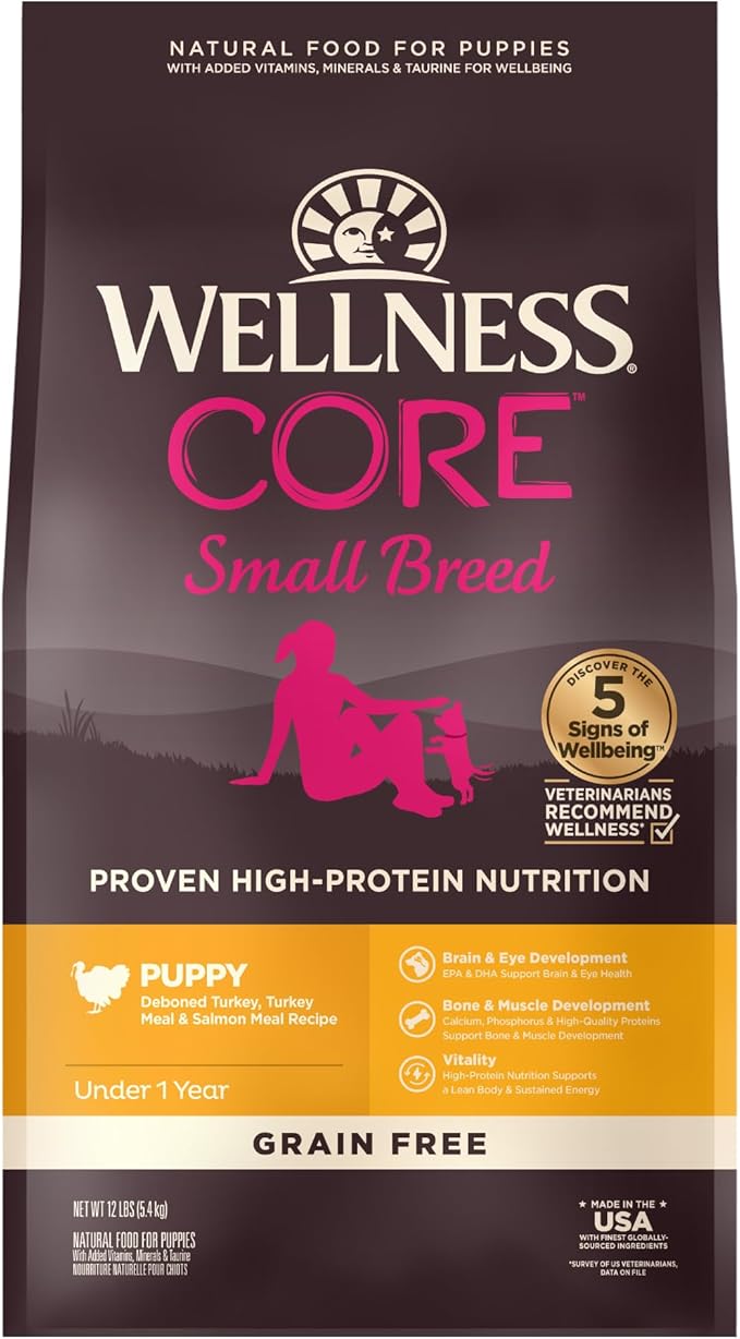 Wellness Natural Pet Food CORE Grain-Free High-Protein Small Breed Dry Dog Food, Natural Ingredients, Made in USA with Real Meat (Puppy ,Turkey, 12-Pound Bag) - PAWPICO
