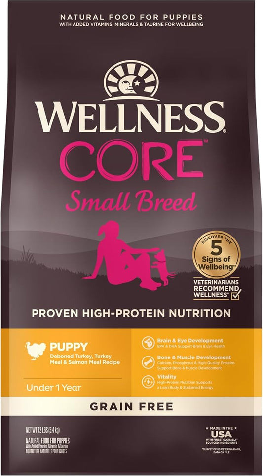 Wellness Natural Pet Food CORE Grain-Free High-Protein Small Breed Dry Dog Food, Natural Ingredients, Made in USA with Real Meat (Puppy ,Turkey, 12-Pound Bag) - PAWPICO