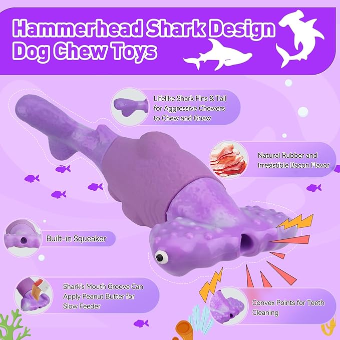 Dog Toys for Aggressive Chewers, Interactive Dog Chew Toys for Large Dogs, Indestructible Squeaky Dog Toys to Keep Them Busy, Tough Dog Toys for Medium/Large Breed Dogs (Purple, Hammerhead Shark) - PAWPICO