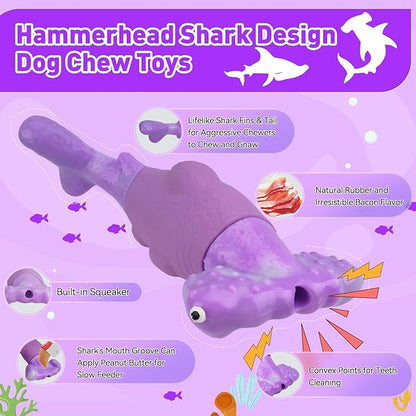 Dog Toys for Aggressive Chewers, Interactive Dog Chew Toys for Large Dogs, Indestructible Squeaky Dog Toys to Keep Them Busy, Tough Dog Toys for Medium/Large Breed Dogs (Purple, Hammerhead Shark) - PAWPICO