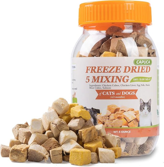 Freeze Dried Chicken Duck Salmon Cube - Cat Dog Dices Food Treats 5 in 1 Raw Egg Yolk High Protein Snacks Easy Digestion Pet Food No Fillers Preservatives or Additives for Training（5 OZ） - PAWPICO