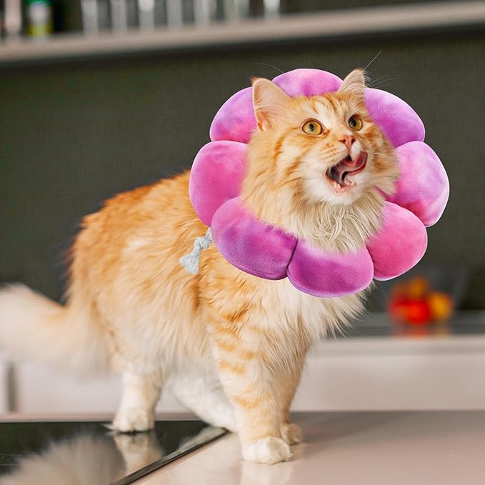 Flower Cat Cone, Uadonile Adjustable Cat Cone Collar, Soft Dog Elizabethan Collar Recovery E Collar After Surgery, Recovery E-Collar for Kittens/Puppies and Cats Recovery(Tie-dye Rose Purple, L) Uadonile