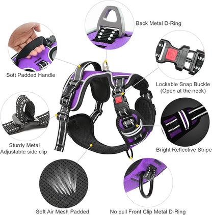 Timos Dog Harness Large Sized, No Pull Dog Harness with Neck Lockable Snap,No Choke Front Clip Dog Reflective Harness,Adjustable Metal Rings 3 Buckles,Easy Control Handle for Large Dogs Purple XL Timos