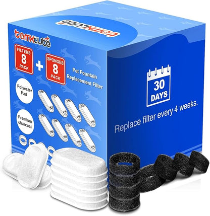 Official Tomxcute Cat Water Fountain Filters for 108oz/3.2L and 135oz/4.0L Adjustable Water Flow Pet Water Fountain, Ultra-Quiet Cat Water Fountain 8 Packs Filters & 8 Sponges Foam Filters - PAWPICO