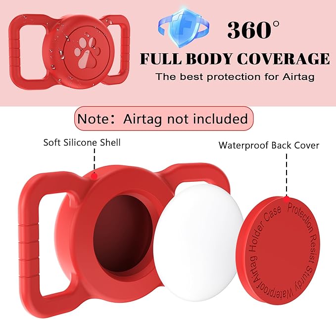 SANKALA Airtag Dog Collar Holder, [1 Pack] Waterproof Dog Airtag Holder, Silicone Full Body Covered Anti-Lost Protective Apple Air Tag Holder for Pet Collar - Fits All Width Collars, Red SANKALA