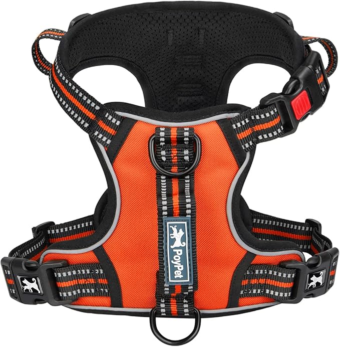 PoyPet No Pull Dog Harness, No Choke Front Clip Reflective Dog Vest with Soft Padded Vertical Handle, 3 Leash Attachments for Small Medium Large Dogs (Orange,XL) PoyPet