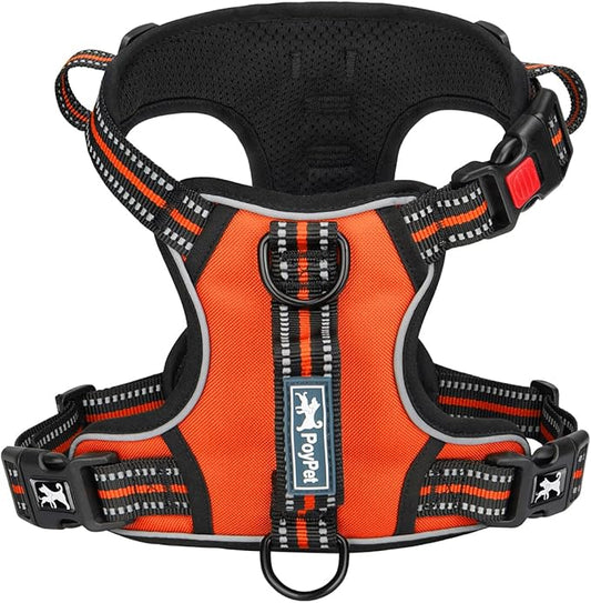 PoyPet No Pull Dog Harness, No Choke Front Clip Reflective Dog Vest with Soft Padded Vertical Handle, 3 Leash Attachments for Small Medium Large Dogs (Orange,M) PoyPet