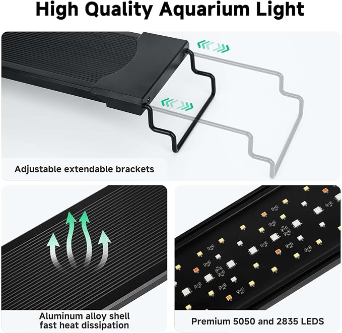 AQQA LED Aquarium Light, 24/7 Mode IP68 Waterproof Extendable Bracket Fish Tank Light, DIY Mode Full Spectrum Aquarium Plant Light, Adjustable Timer/Brightness Memory Function for 40-48 Inch Fish Tank AQQA