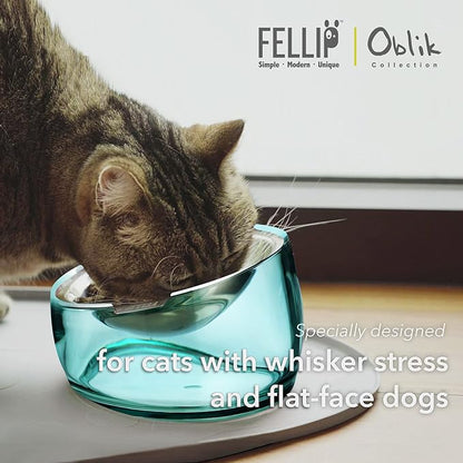 Felli Pet Oblik Whisker Fatigue Cat Bowl Raised Stainless Steel Shallow Dish, Tilted Anti Vomit Non Spill Wide Metal Plate for Puppy Small Dog, Slanted Dry Wet Food Feeder Elevated (0.5Cup, Classic) - PAWPICO