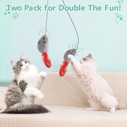 FYNIGO Self Play Cat Toys,2 Pack Door Hanging Cat Mouse Toy with Squeaky Sound,No Batteries Required,Interactive Cat Enrichment Toys for Bored Indoor Adult Cats,Cat Boredom Toys Mice with Feather Tail - PAWPICO