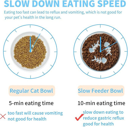 Upgrade Whisker-Fatigue-Free Cat Slow Feeder Bowl, Raised Cat Food Bowl Improved Design, Anti Vomit Promotes Digestion and Prevents Obesity, Slow Down Your Feline Friend Eating Speed - PAWPICO