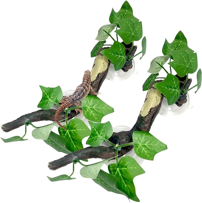 Fhiny 2 PCS Reptile Corner Branch, Resin Climb Tree Branch Decor with Leaves Tank Accessories Terrarium Plant Ornament with Suction Cup for Snake Lizard Bearded Dragons Gecko Climbing Fhiny